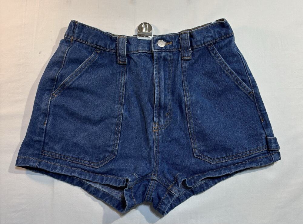Women’s High Rise Denim Shorts Blue Rolled Cuff Pull On Elastic Back Size M